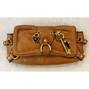Vintage Y2K Tan Juicy Couture Leather Charms Mini Skeleton Key Purse Bag Clutch